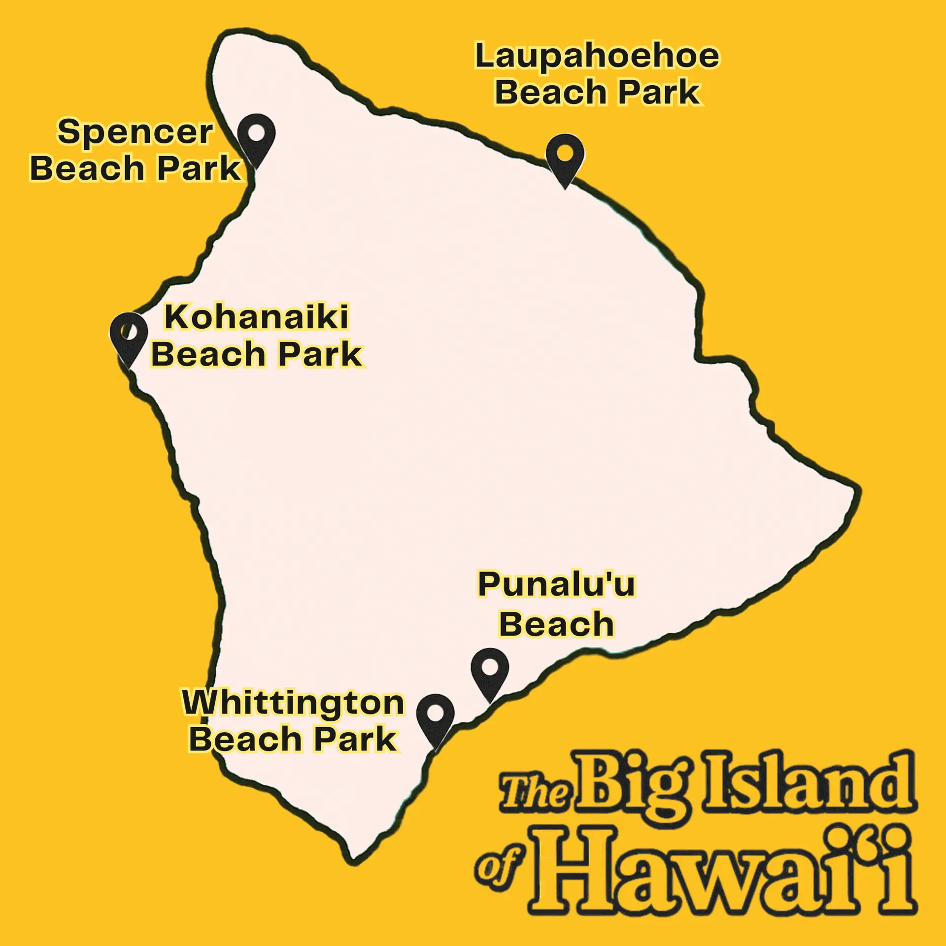 map of the big island of hawaii showing beach parks: Punaluu Beach Park, Whittington Beach Park, Laupahoehoe Beach Park, Spencer Beach Park, Kohanaiki Beach Park 